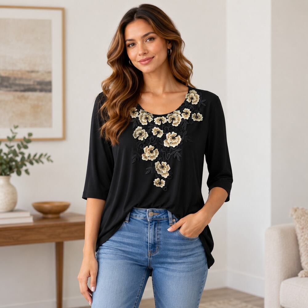 Susan Graver Liquid Knit Blouse Women's Size 3X Crochet Floral Office Cottage